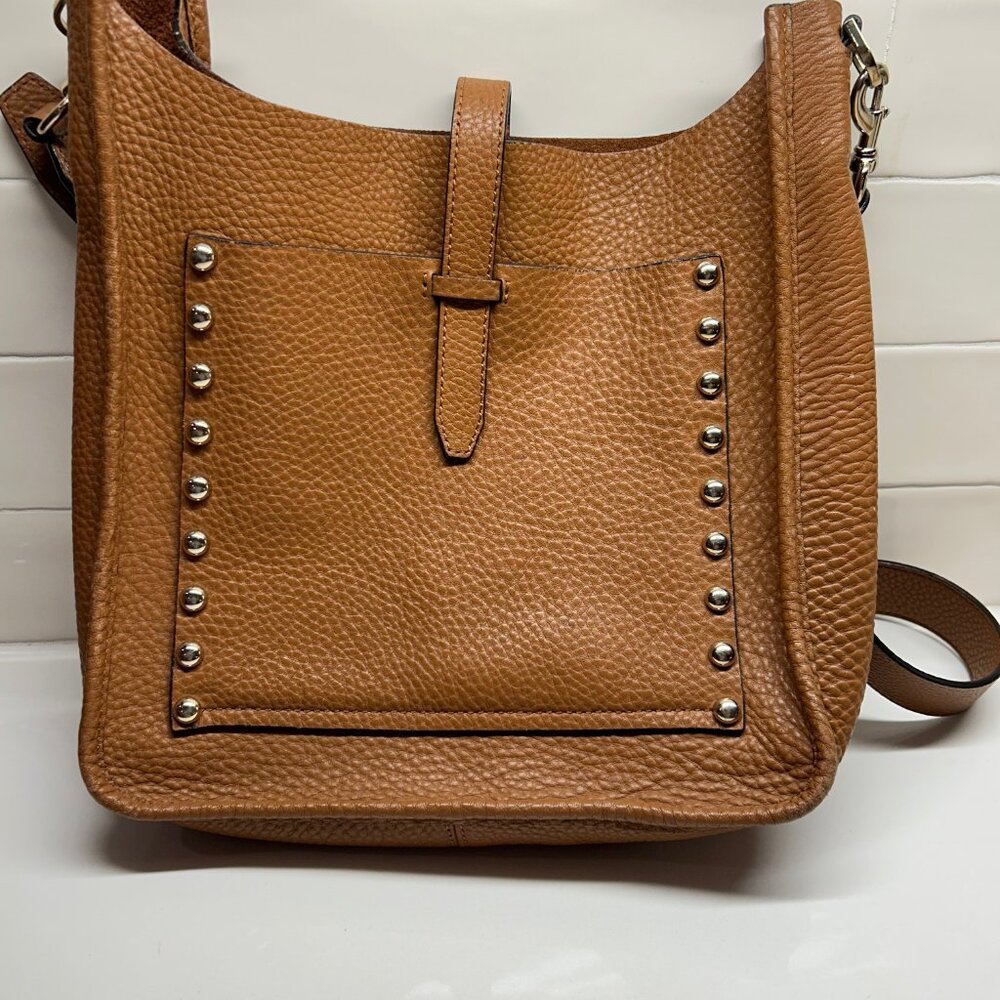 Rebecca Minkoff tobacco color, silver riveted shoulder/crossbody bag.